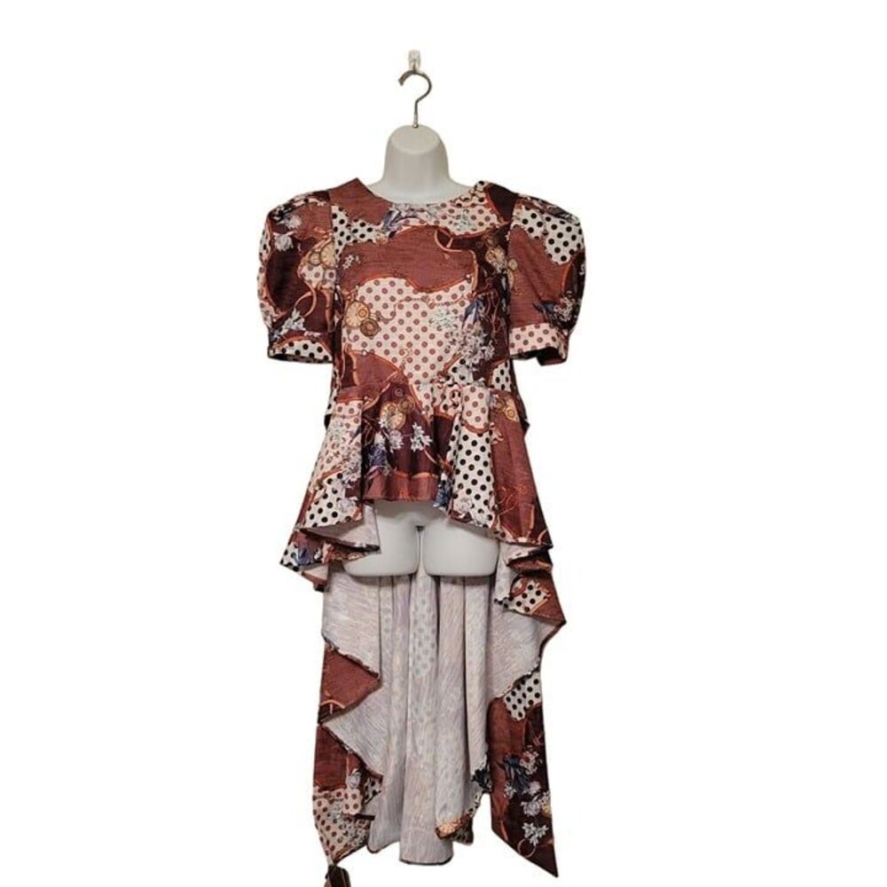CQ by CQ Womens Top Brown S Hi Low Back Zip Balloon Sleeve Tie Belt